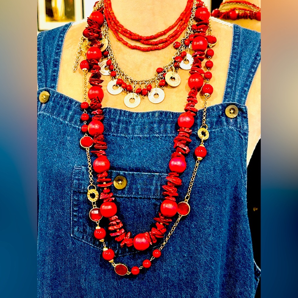 4pc Vintage to Now Bundle Lot Red Coin & Bead Statement Necklaces